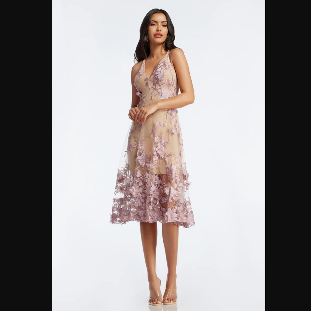 Dress The Population Audrey Midi Dress in Lilac w 3D Floral Overlay size XXL NWT